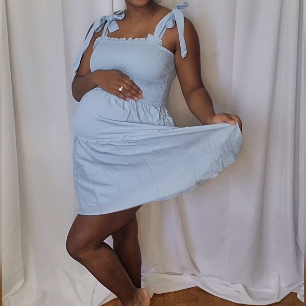 Blue midi tie shoulder dress